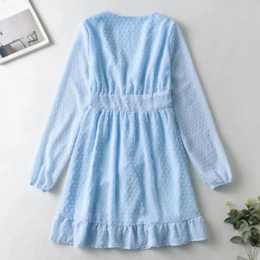 Blue Chiffon Dobby Mini Dress Vintage Button Front Autumn Holiday Women Dress V-neck Ruffle Sheer Sexy Ladies Dresses