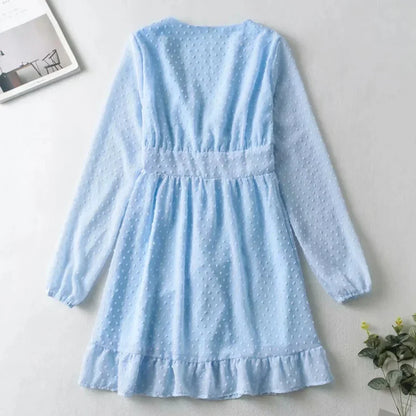 Blue Chiffon Dobby Mini Dress Vintage Button Front Autumn Holiday Women Dress V-neck Ruffle Sheer Sexy Ladies Dresses
