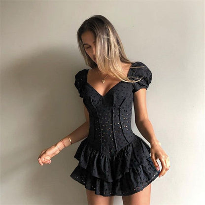 Eyelet Sweetheart Corset Puff Sleeve Tiered Ruffle Mini Dress