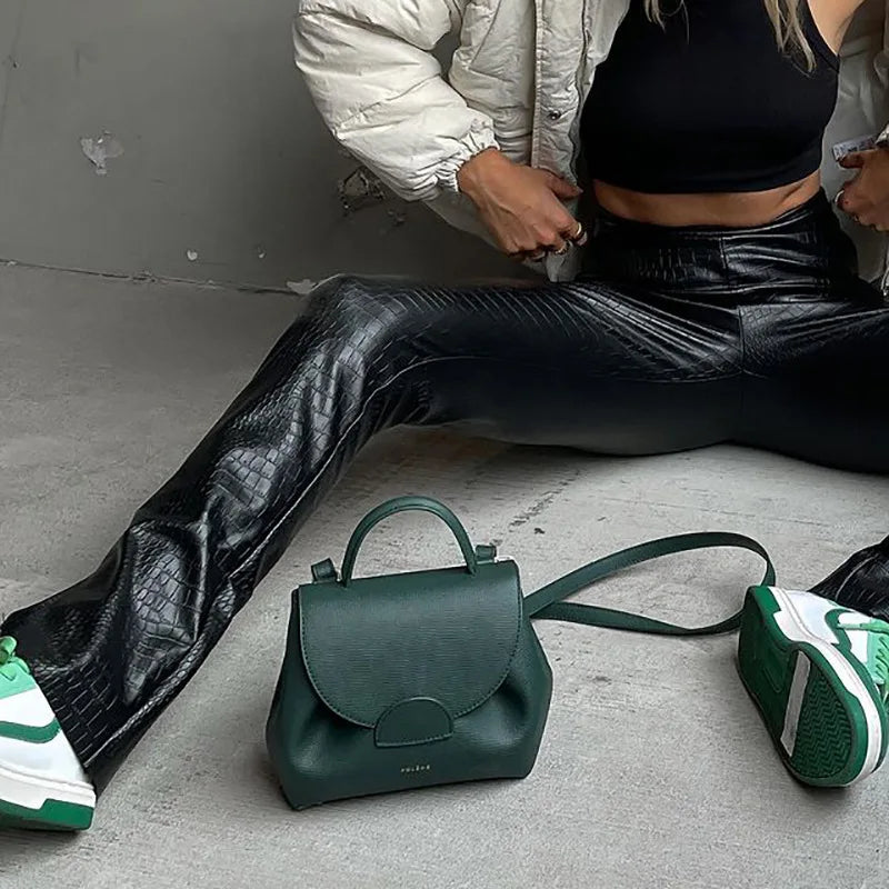 PU Leather Trousers Women Vintage Crocodile Pattern High Waist Slim Temperament Pencil Pants Hem Split Office Lady Bodycon Pants