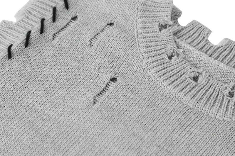 Knitted Sweater Vests For Women O-Neck Oversized Pullovers Loose Thicken Jumper Female Casual Ripped Hole Sweaters Spring New