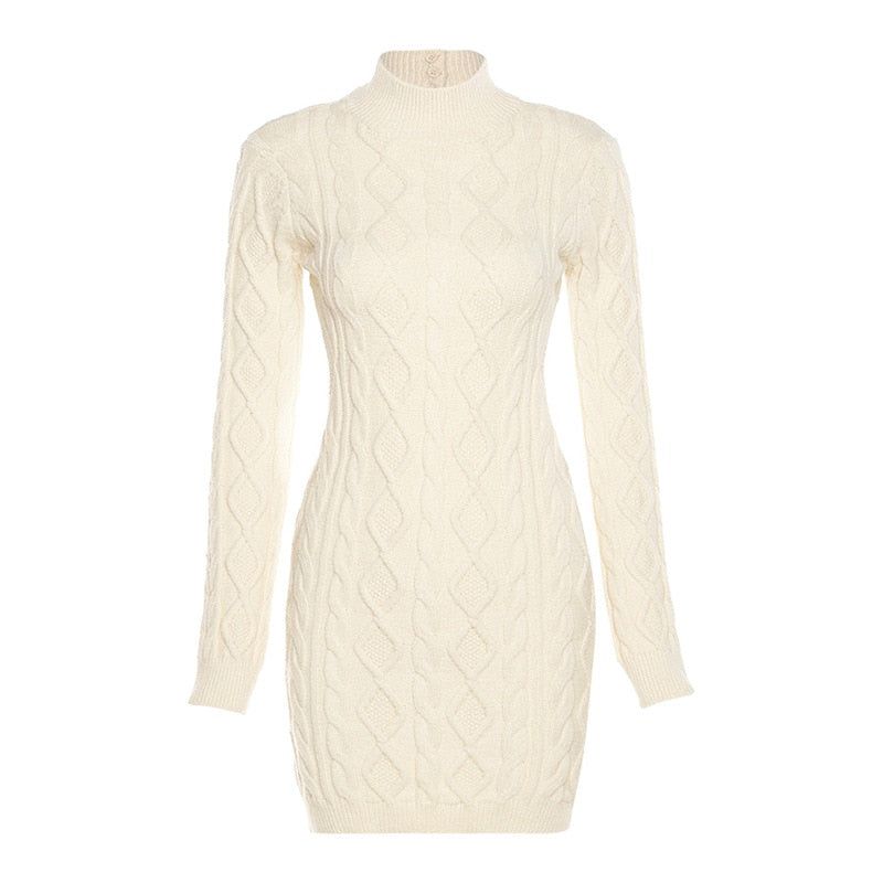 Mock Neck Cable Knit Button Cuff Open Back Bodycon Mini Dress