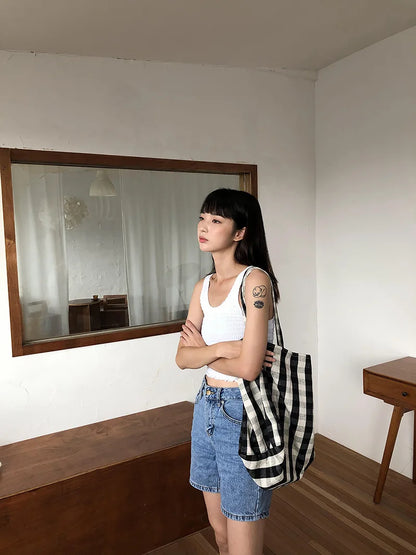 Women Cotton Stripes Shoulder Bag Large Capacity Shoulder Bag Ladies Casual Shopping Handbag
