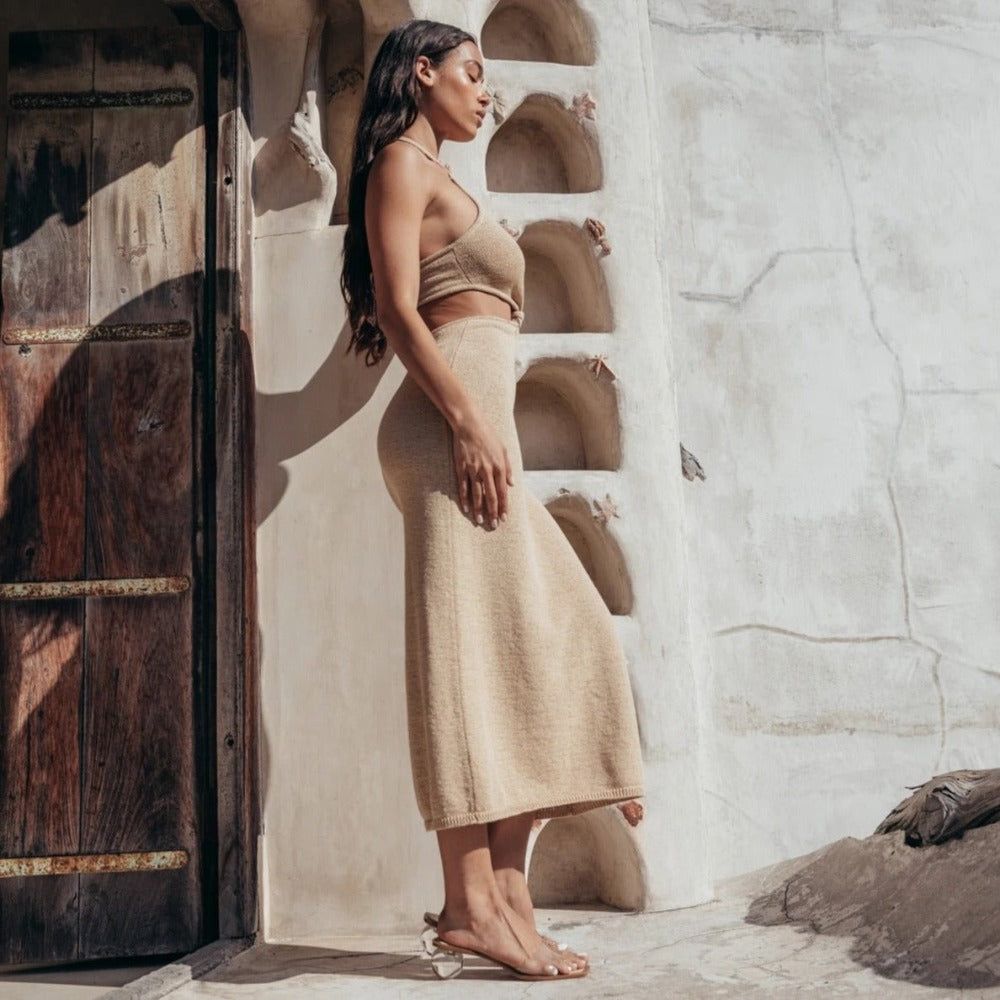 Halter Neck Knit Twist Knot Waist Side Cutout Column Maxi Dress