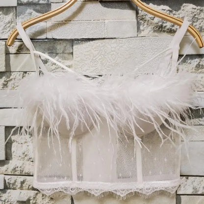 Summer New Women Mesh Lace Feather Camisole Bustier Bra Cropped Tops Beading Fishnet Hot Diamond Sexy Sleeveless Vest Slim