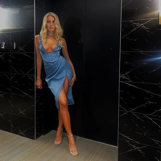 Plunging V-Neck Corset Bodice Draped Side Slit Satin Mini Dress