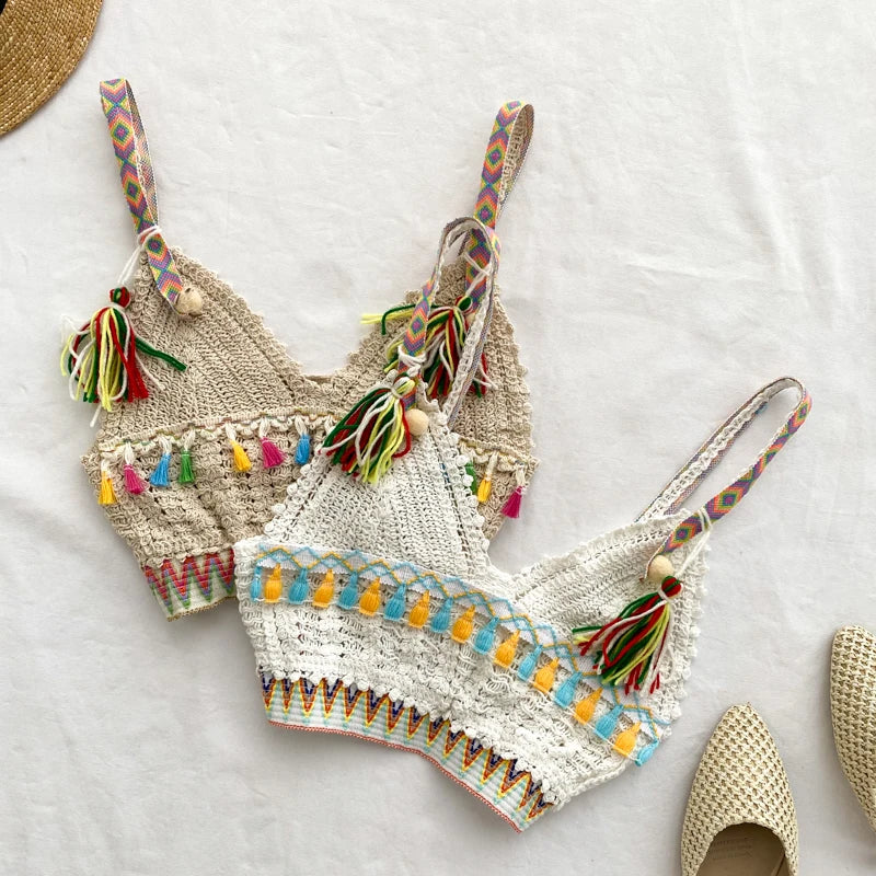 Ins vacation tassel camisole crochet female fashion wear wild short Summer Basic Tops Halter Bikini Hollow Knit Top
