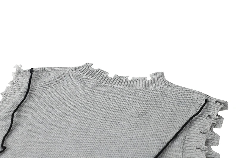 Knitted Sweater Vests For Women O-Neck Oversized Pullovers Loose Thicken Jumper Female Casual Ripped Hole Sweaters Spring New