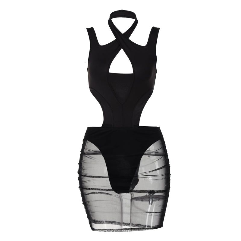 Halter Cross Front Keyhole Cutout Mesh Ruched Overlay Mini Dress