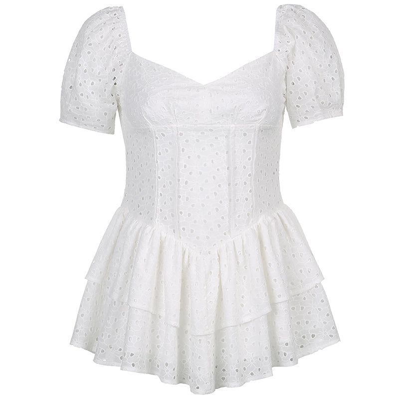 Sweetheart Neck Puff Sleeve Eyelet Lace Tiered Ruffle Mini Dress