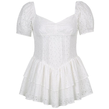 Eyelet Sweetheart Corset Puff Sleeve Tiered Ruffle Mini Dress