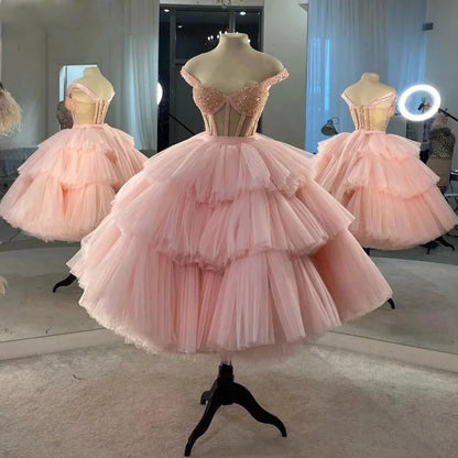 Charming Pink Short Prom Dresses Off The Shoulder See Through Tutu Skirt Layers Cocktail Party Dress Lace Up Back Evening Gowns