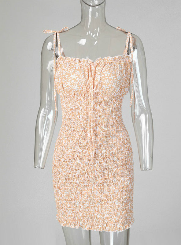 Gown Shirring Strap Flowered Mini with Design Spaghetti Design