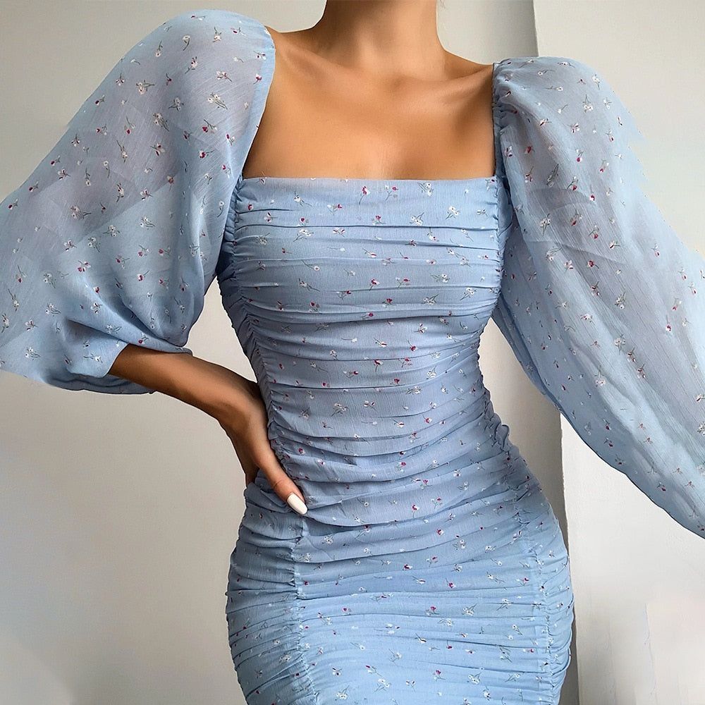Square Neck Puff Sleeve Ditsy Floral Ruched Bodycon Mini Dress