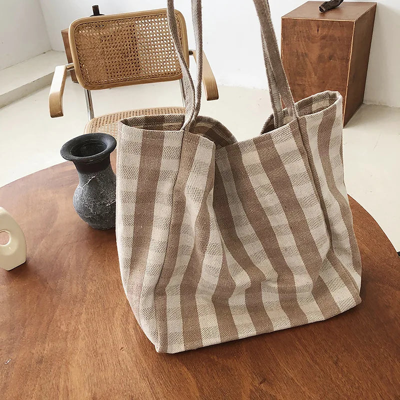 Women Cotton Stripes Shoulder Bag Large Capacity Shoulder Bag Ladies Casual Shopping Handbag