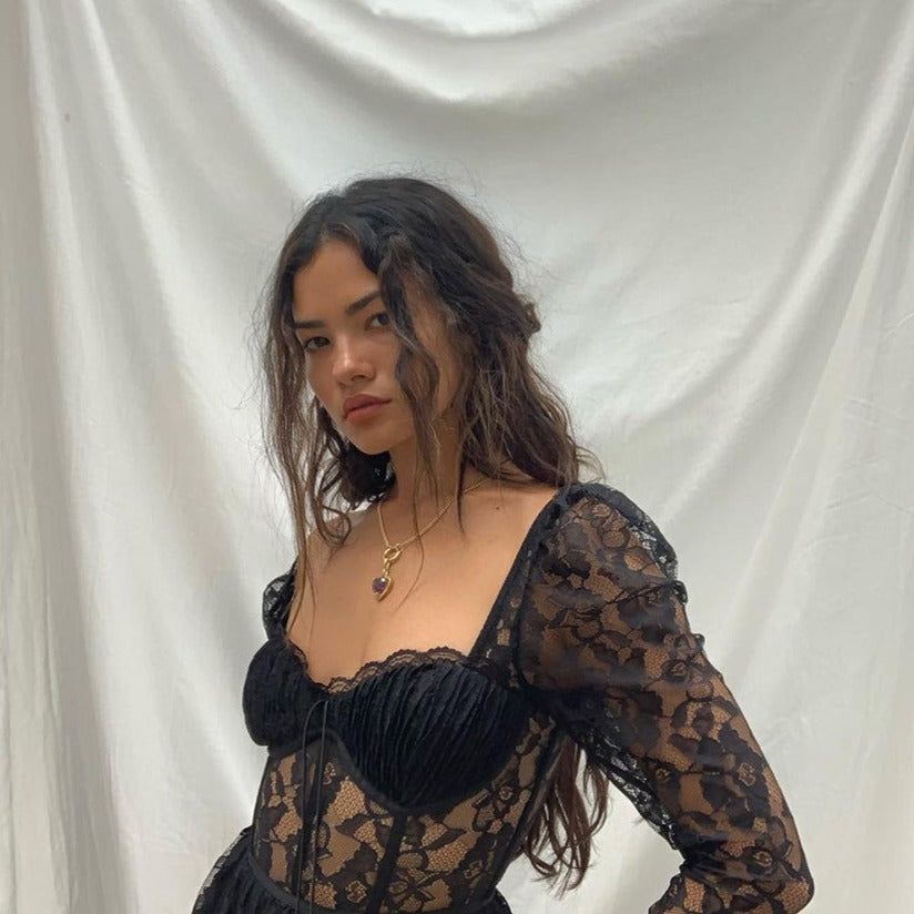 Square Neck Lace Up Corset Puff Sleeve High Slit Maxi Dress