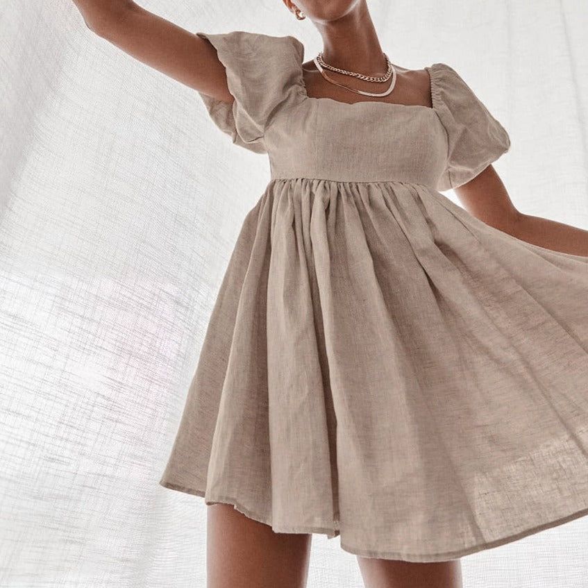 Square Neck Puff Cap Sleeve Empire Waist Linen Babydoll Mini Dress