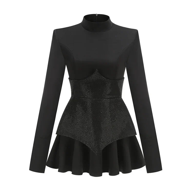 Mock Neck Long Sleeve Rhinestone Pointed Panel Flounce Hem Mini Dress