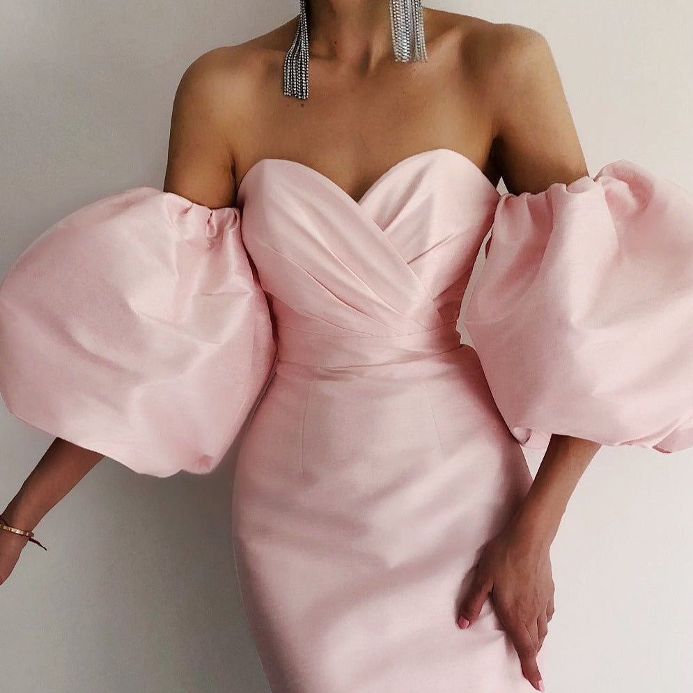 Off Shoulder Oversized Puff Sleeve Gathered Bodice Column Gown