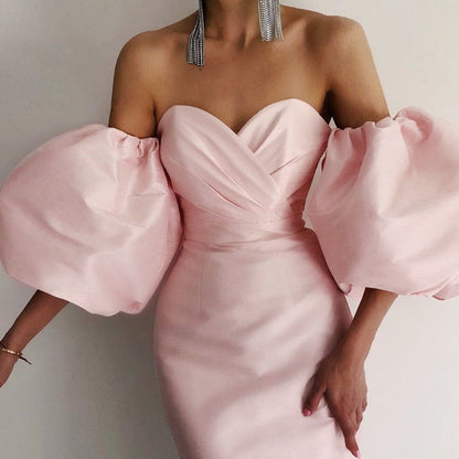 Off Shoulder Oversized Puff Sleeve Gathered Bodice Column Gown