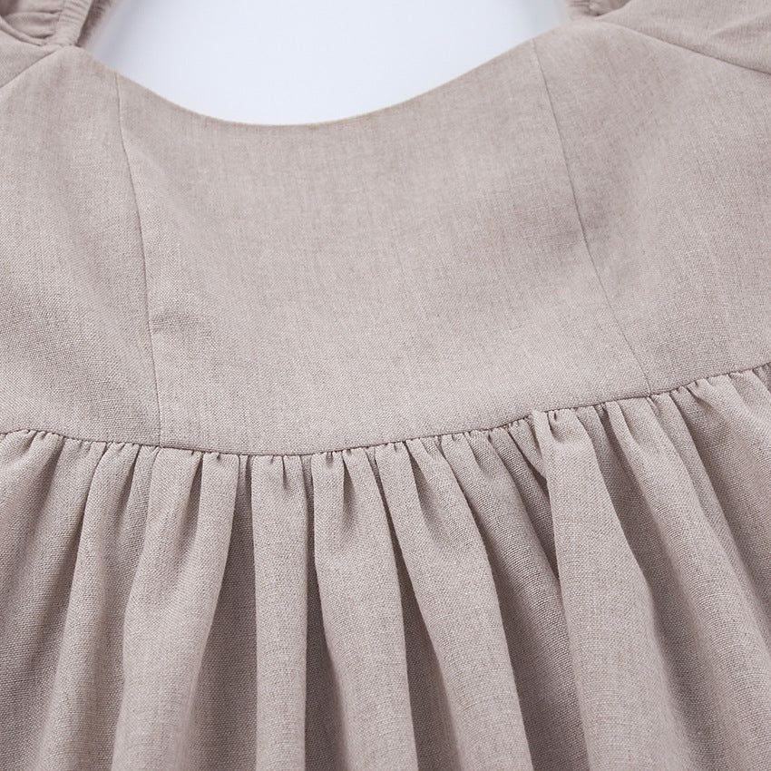 Square Neck Puff Cap Sleeve Empire Waist Linen Babydoll Mini Dress