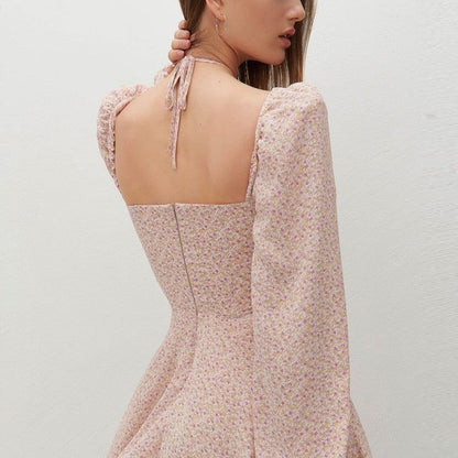 Halter Crossover Strap Puff Sleeve Ditsy Floral Mini Dress