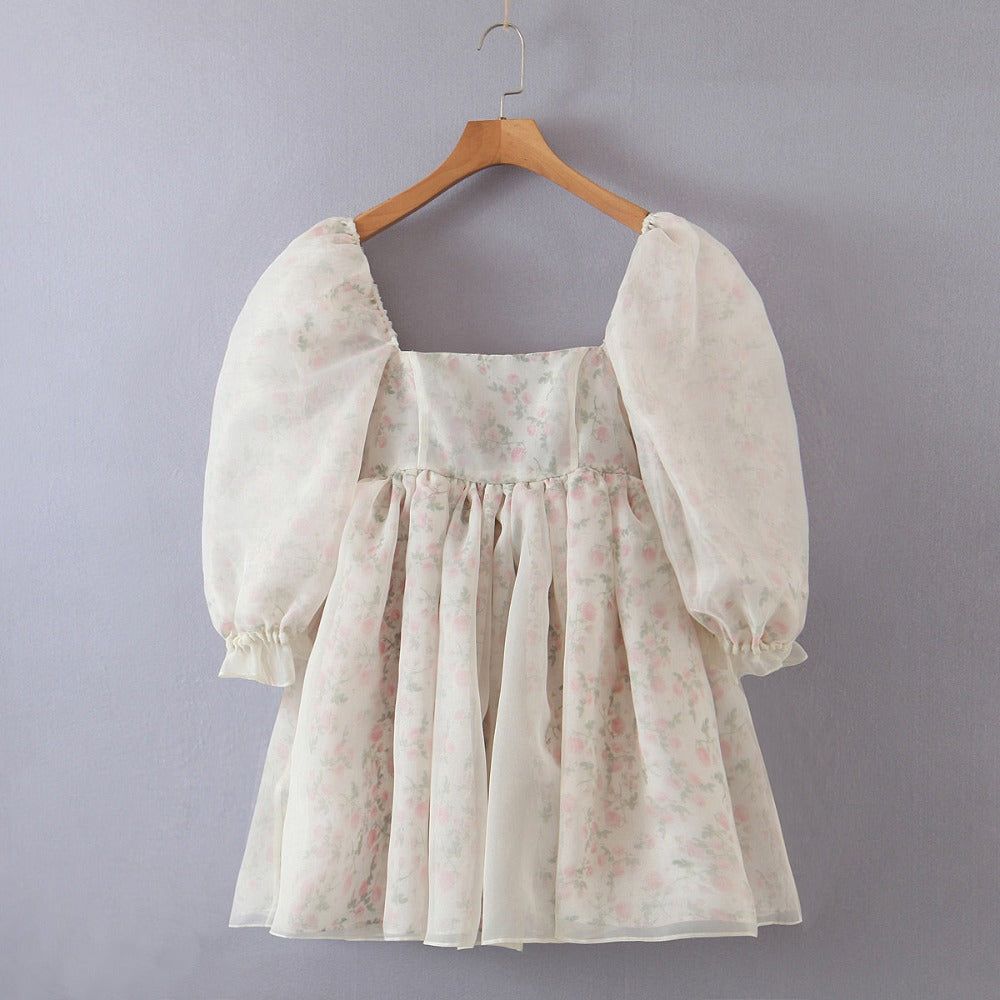 Sheer Organza Puff Sleeve Gathered Skirt Babydoll Mini Dress