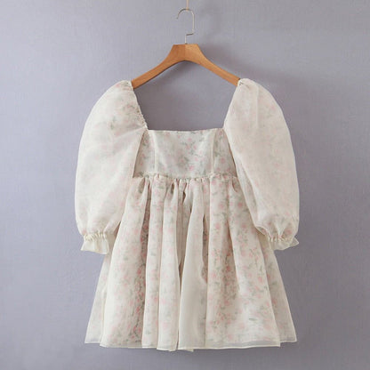 Sheer Organza Puff Sleeve Gathered Skirt Babydoll Mini Dress