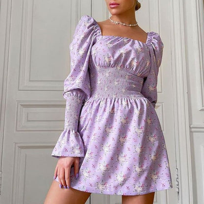 Square Neck Puff Sleeve Smocked Waist Floral Print A-Line Mini Dress