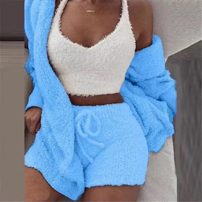Sexy Fluffy Autumn Piece Sweatshirt Backless Plush Home Sports Women Pyjamas Wear Winter Fleece Outfits Sets 3 Casual Tracksuit