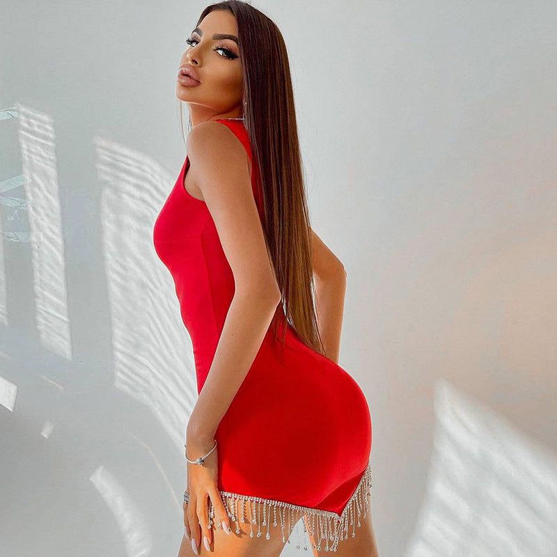 Mock Neck Sleeveless Rhinestone Fringe Hem Bodycon Mini Dress