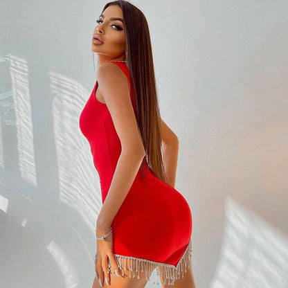 Mock Neck Sleeveless Rhinestone Fringe Hem Bodycon Mini Dress