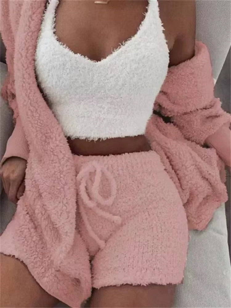 Sexy Fluffy Autumn Piece Sweatshirt Backless Plush Home Sports Women Pyjamas Wear Winter Fleece Outfits Sets 3 Casual Tracksuit