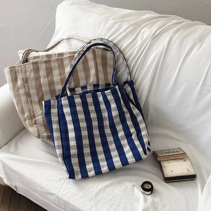 Women Cotton Stripes Shoulder Bag Large Capacity Shoulder Bag Ladies Casual Shopping Handbag