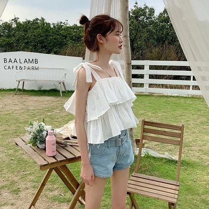 White Camisole Women Summer New Ruffles Sweet Slim Crop Top Sexy Students Clothes Fashion Casual All-match Camis Aesthetic Femme