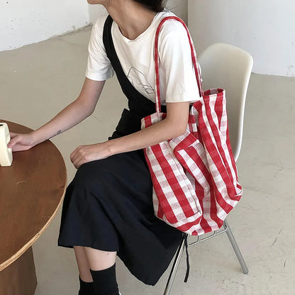 Women Cotton Stripes Shoulder Bag Large Capacity Shoulder Bag Ladies Casual Shopping Handbag