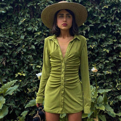 Collared Button Front Ruched Long Sleeve Bodycon Mini Dress