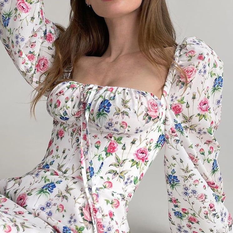 Halter Crossover Strap Puff Sleeve Ditsy Floral Mini Dress