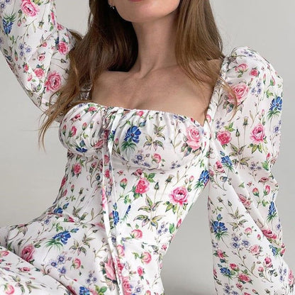 Halter Crossover Strap Puff Sleeve Ditsy Floral Mini Dress