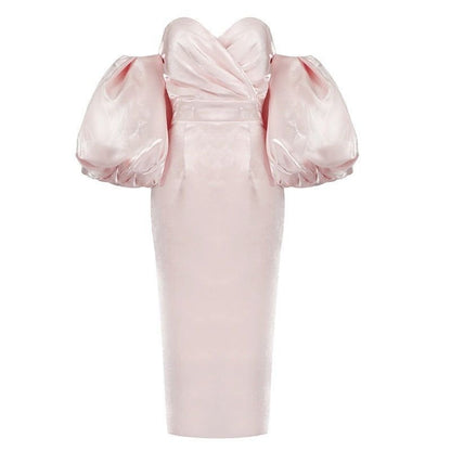 Off Shoulder Oversized Puff Sleeve Gathered Bodice Column Gown