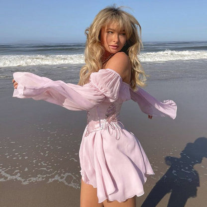 Off Shoulder Bell Sleeve Floral Lace Up Corset Mini Dress