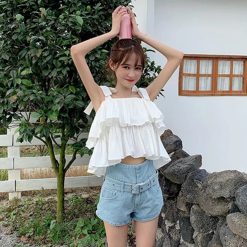 White Camisole Women Summer New Ruffles Sweet Slim Crop Top Sexy Students Clothes Fashion Casual All-match Camis Aesthetic Femme