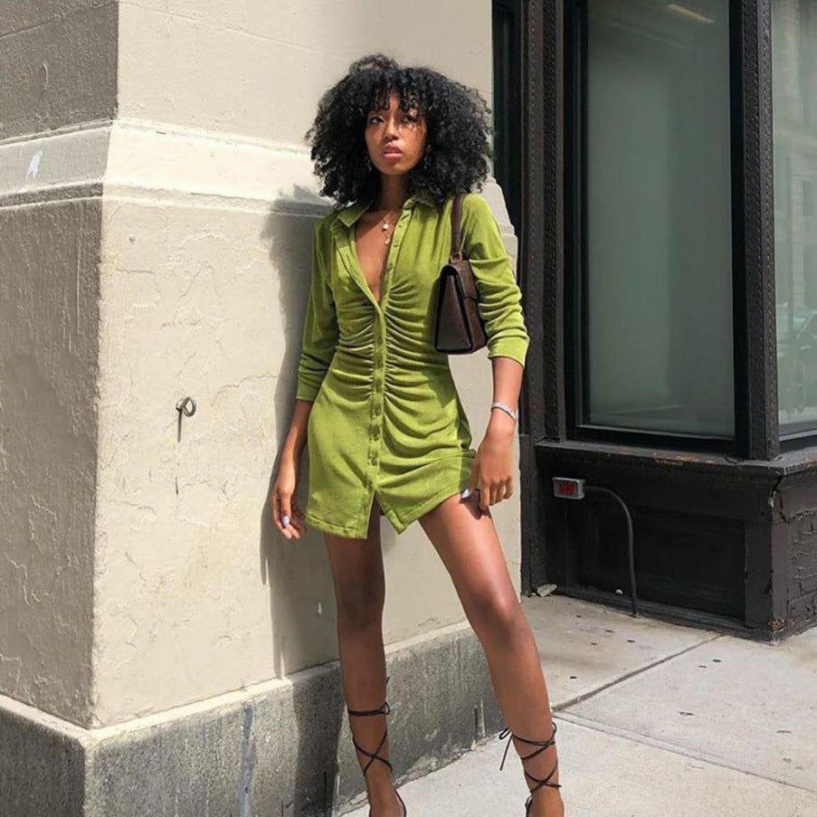 Collared Button Front Ruched Long Sleeve Bodycon Mini Dress