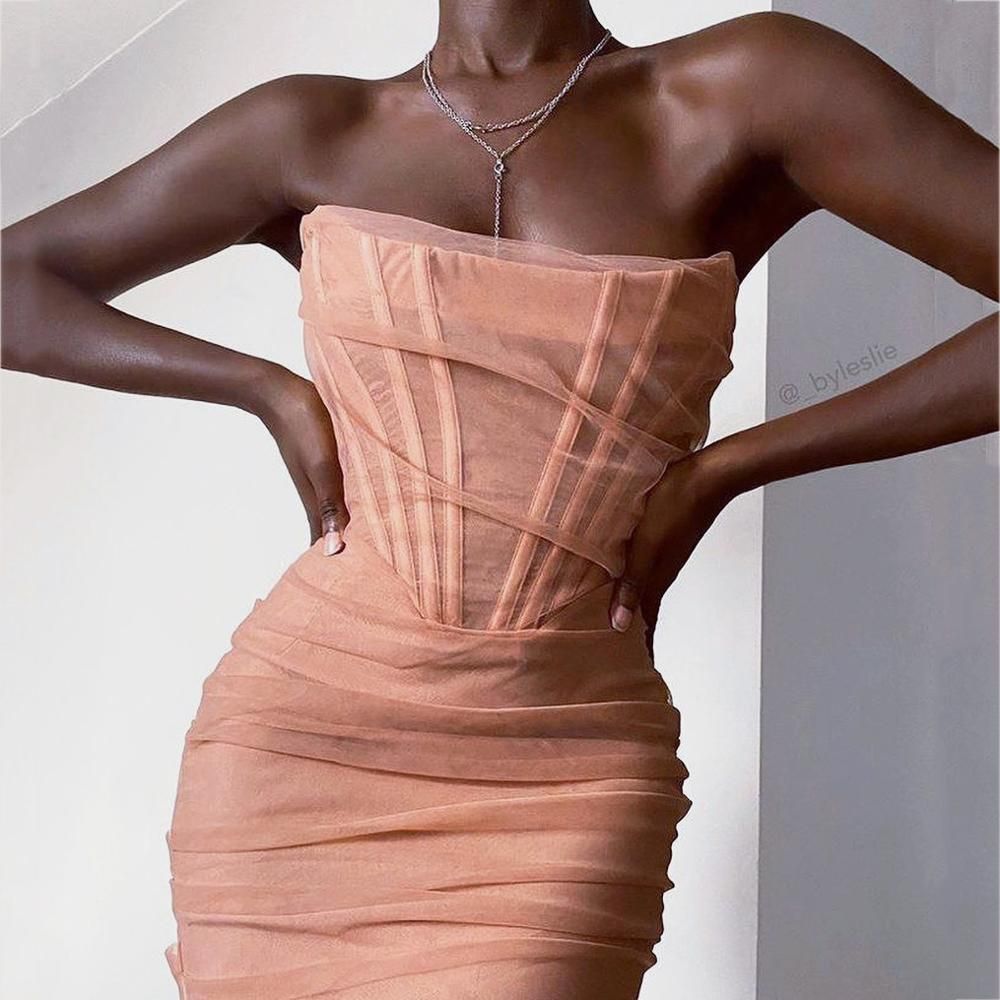 Strapless Corset Vertical Boning Ruched Layered Mesh Bodycon Midi Dress