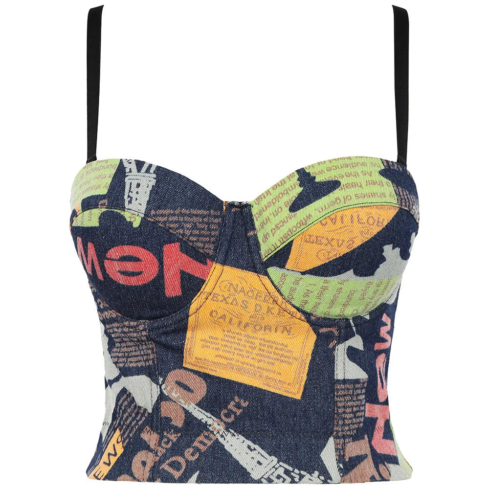 Backless Bandage Cropped Top for Women Chic Printing Denim Camisole Female Sexy Slim Tanks Tube Top Bustier Bra Brassiere