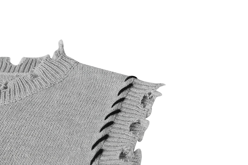 Knitted Sweater Vests For Women O-Neck Oversized Pullovers Loose Thicken Jumper Female Casual Ripped Hole Sweaters Spring New