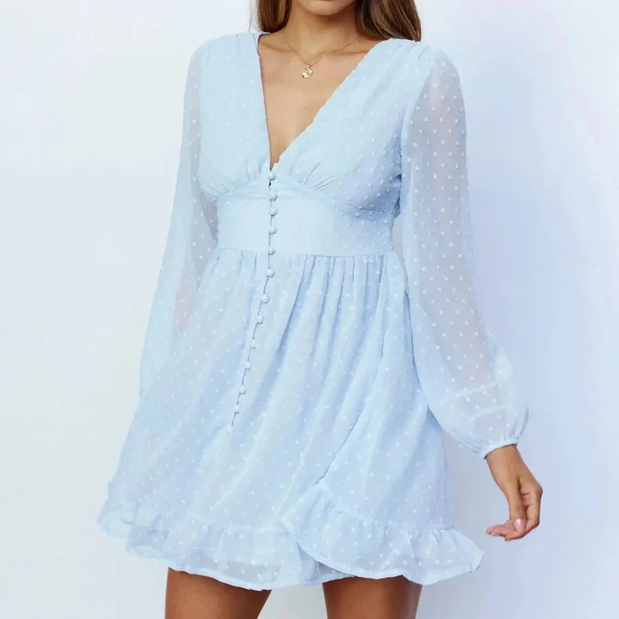 Blue Chiffon Dobby Mini Dress Vintage Button Front Autumn Holiday Women Dress V-neck Ruffle Sheer Sexy Ladies Dresses