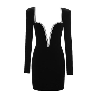 Padded Shoulder Rhinestone Trim Plunging V Neck Velvet Mini Dress