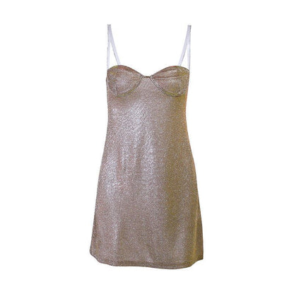 Diamond Sand Square Neck Spaghetti Strap Rhinestone Mesh Bodycon Mini Dress