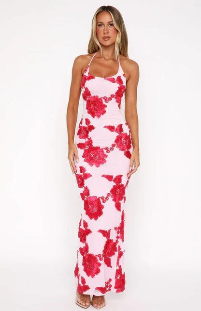 Halter Scoop Neck 3D Floral Applique Embroidered Bodycon Maxi Dress